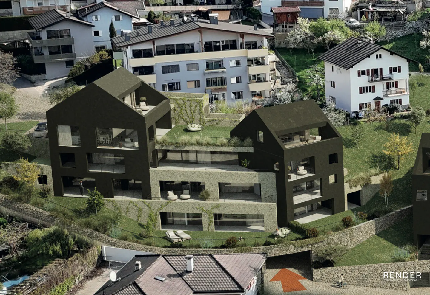 Modern black houses with stone accents sit on a green hillside, surrounded by other buildings.