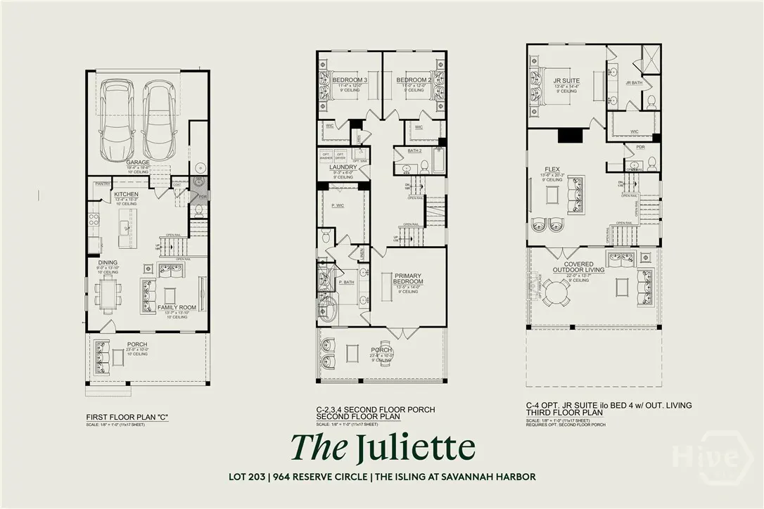 Floor plan for "The Juliette" house model, showing first, second, and third floor layouts. Includes garage, bedrooms, kitchen, and outdoor living space.