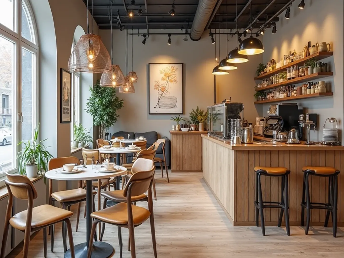 Interior view of a cafe with tables, chairs, a counter, and shelves stocked with bottles and plants.