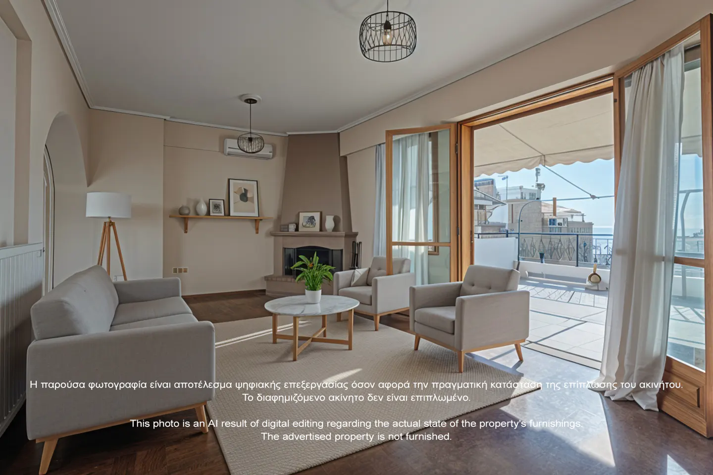 Living room with beige walls, gray sofa and chairs, fireplace, and open balcony with ocean view.