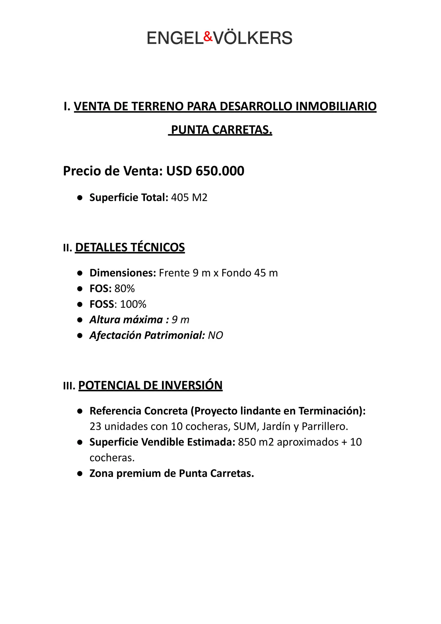 Engel & Völkers land sale document. Details include price, size, technical details, and investment potential in Punta Carretas.