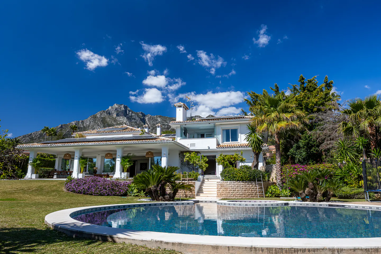 Luxury white villa with a pool, green lawn, and palm trees under a blue sky with mountain backdrop.