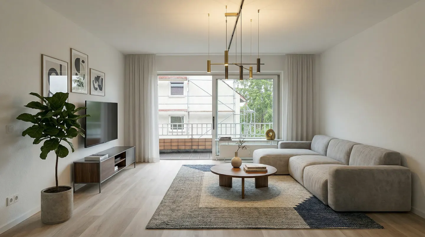 Bright living room with a gray sectional sofa, round wood coffee table, and a large window with white curtains. A TV and potted plant are on the left.