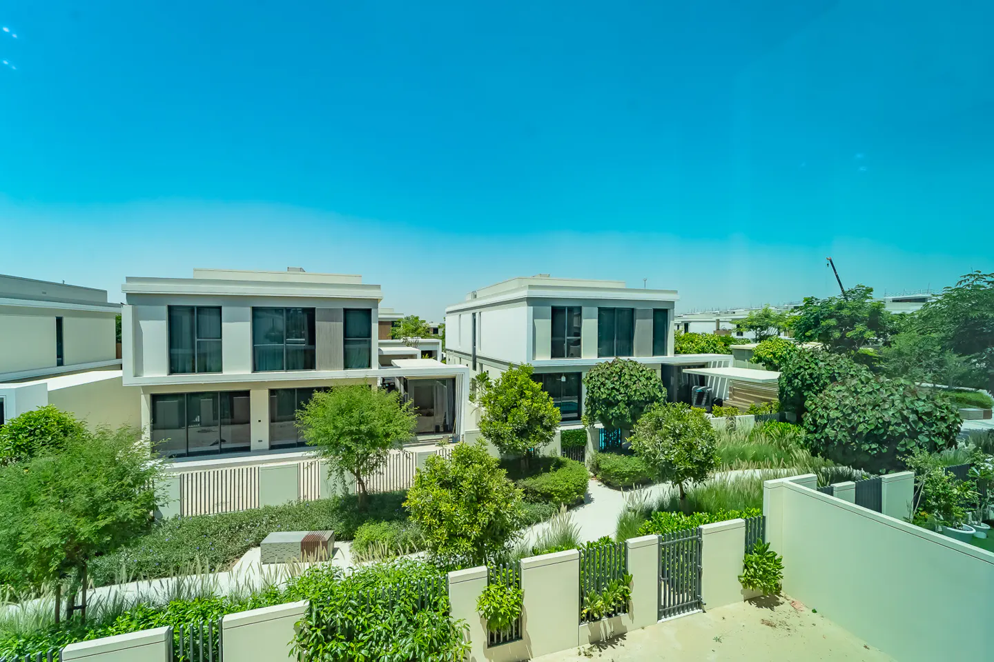 Modern two-story white villas with large windows set in a lush, landscaped garden under a clear blue sky.