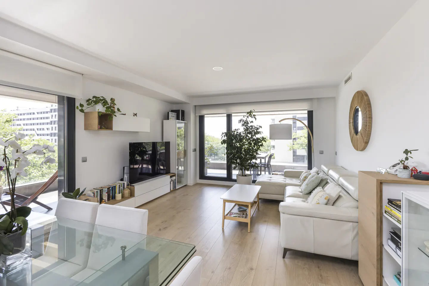 Bright, modern living room with light wood floors, white sofa, glass dining table, large windows, and indoor plants.