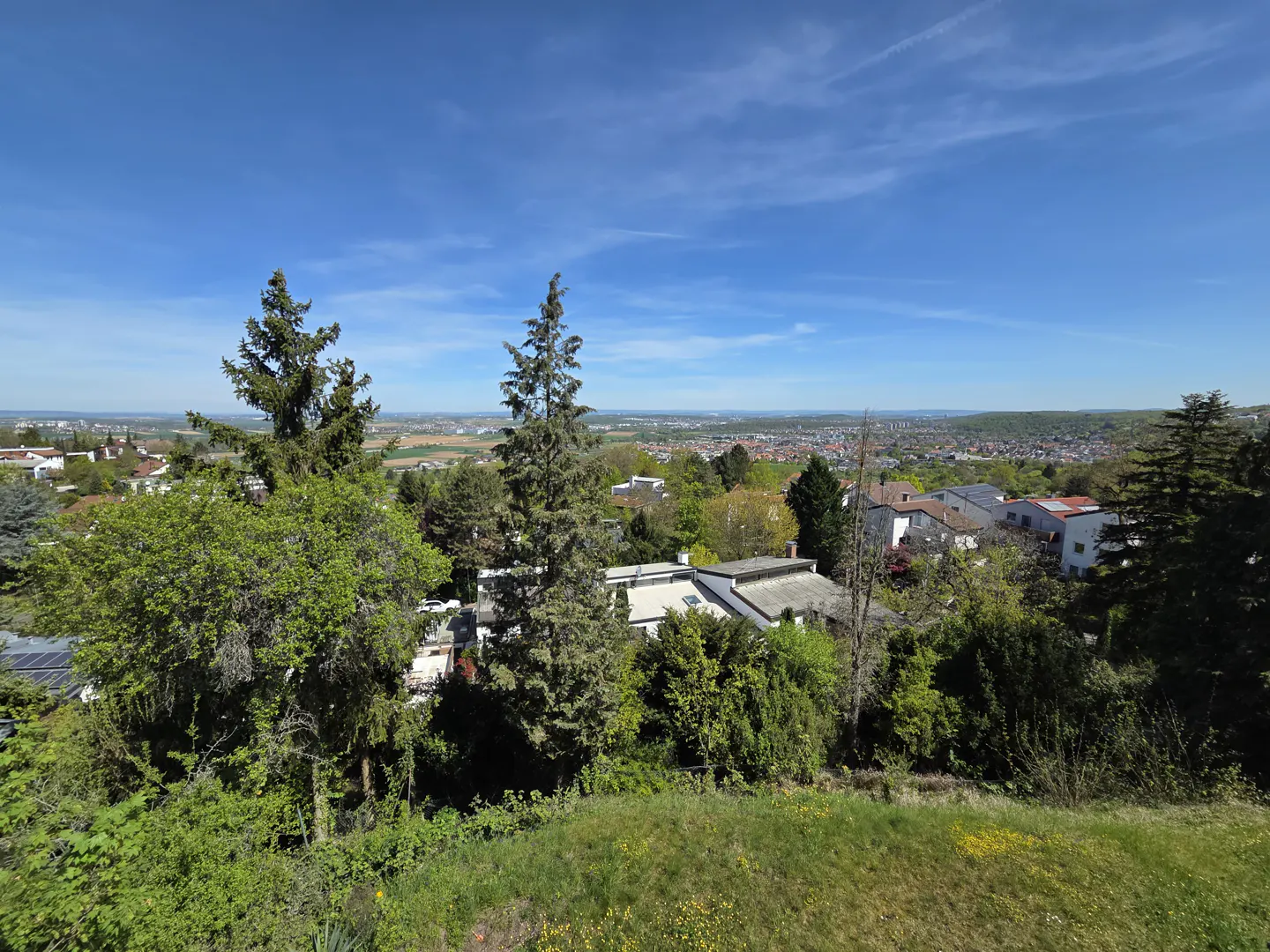 Scenic view of a town from a grassy hill, with trees, houses, and a blue sky with clouds in the background.