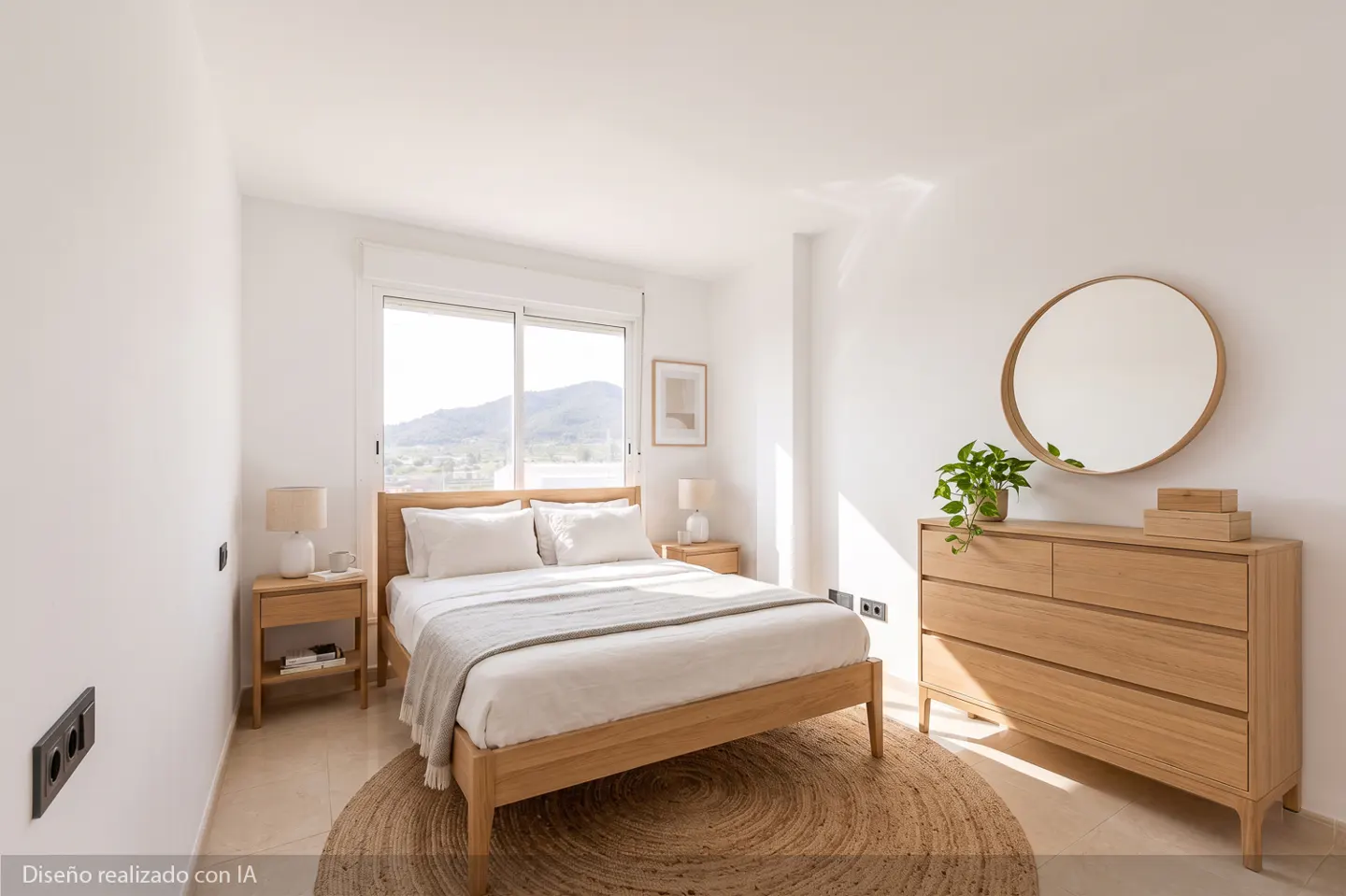 Bright bedroom with a wooden bed, white linens, and a gray throw. A round mirror hangs above a wooden dresser with a plant.
