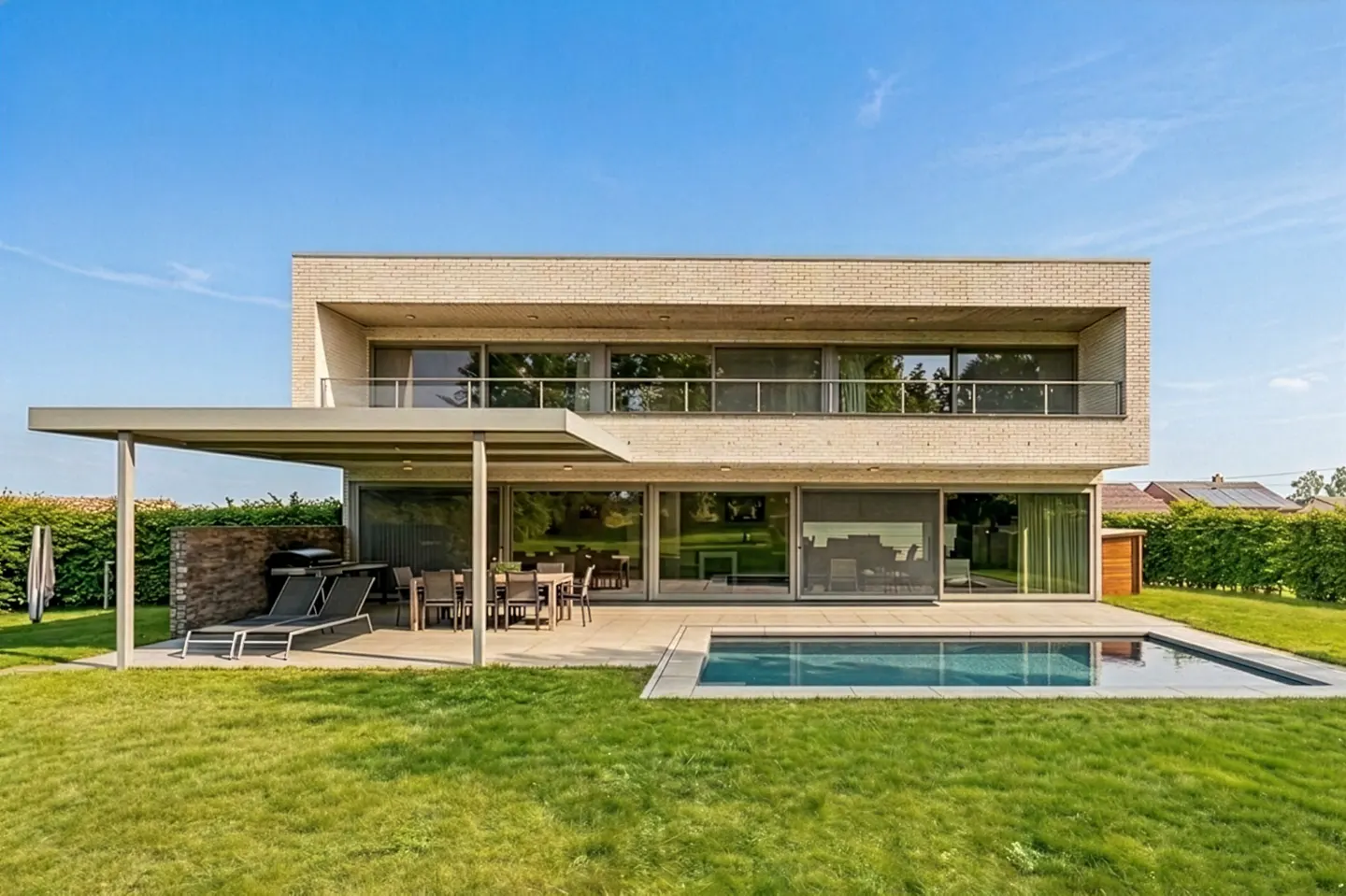 Two-story modern house with a pool, patio, and green lawn under a blue sky. The house is light brick with large windows.