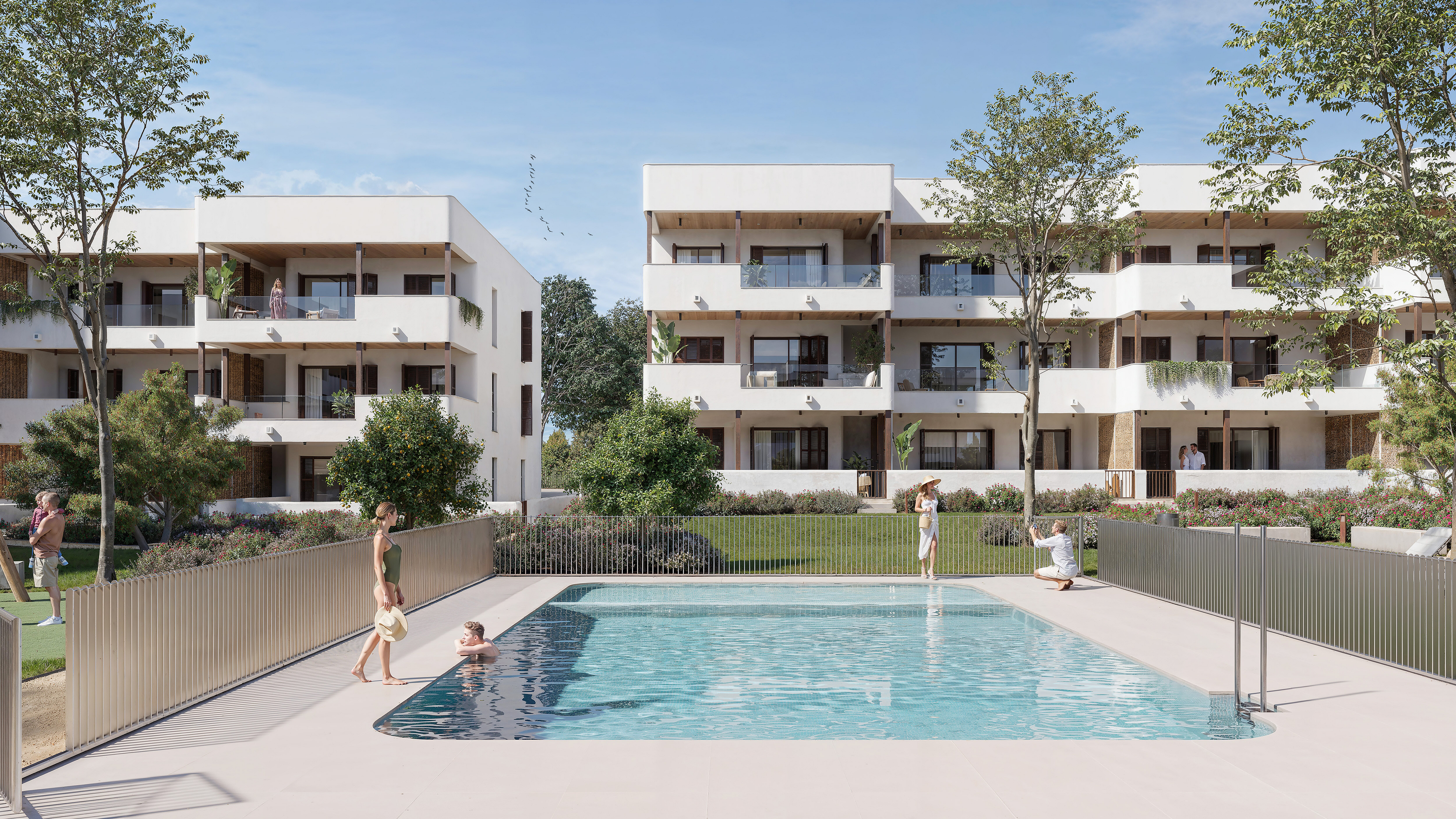 New-build ground-floor apartment with a private garden and direct pool access