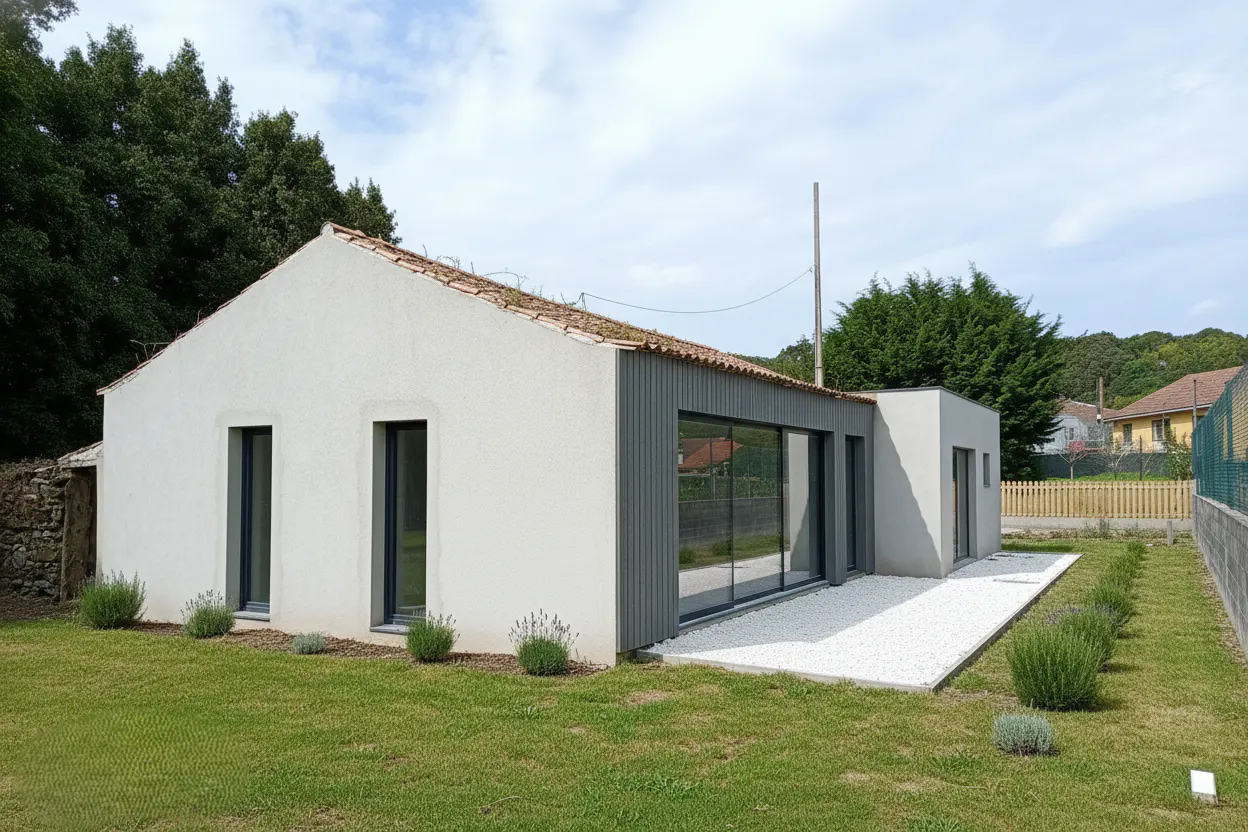 Exterior view of a modern white house with gray accents, a red tile roof, and a green lawn.