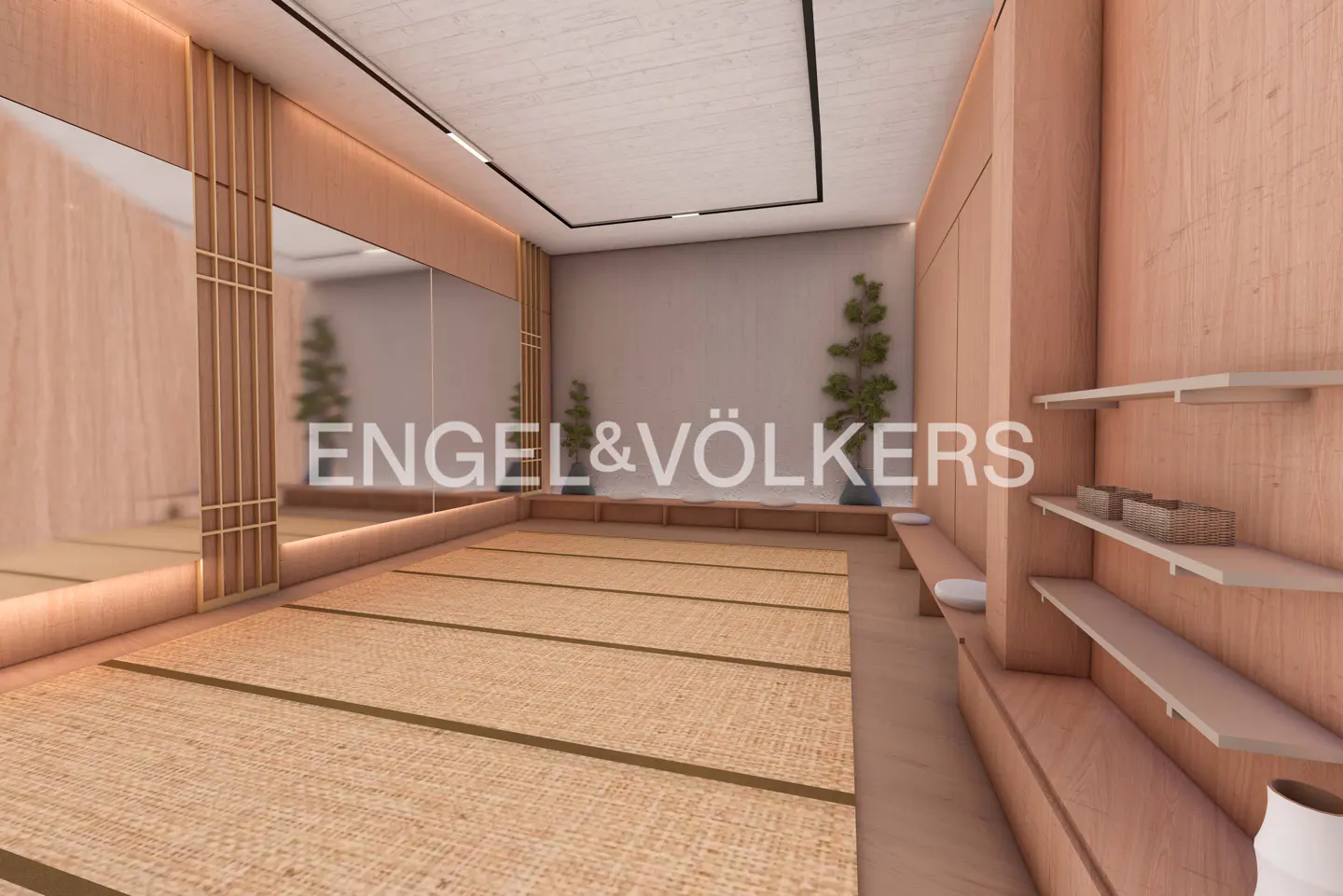 A modern yoga studio with tatami mats, light wood walls, and shelving. Potted plants add a touch of nature.