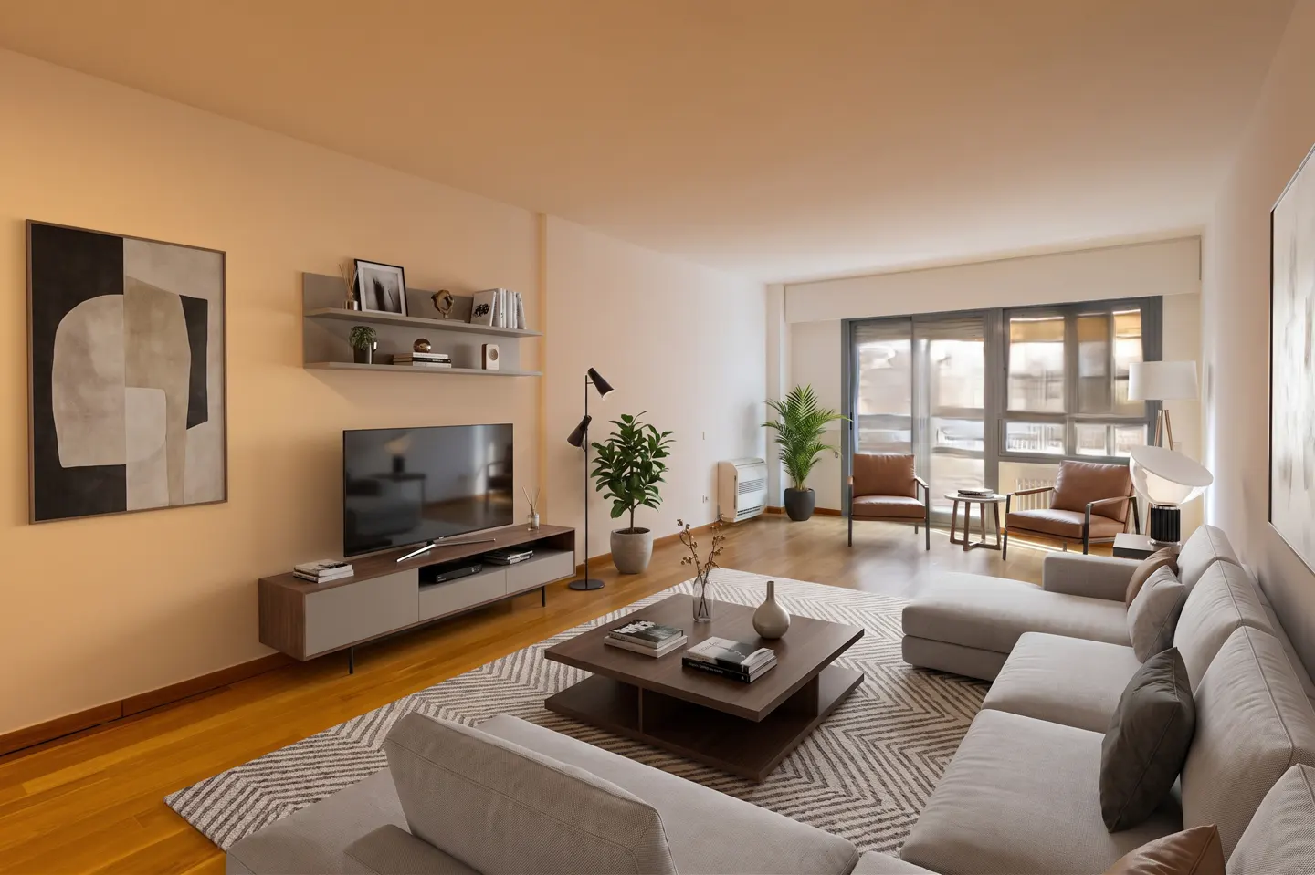 Living room with a gray sectional sofa, wood floors, and a large window. A TV and shelves are on the wall.