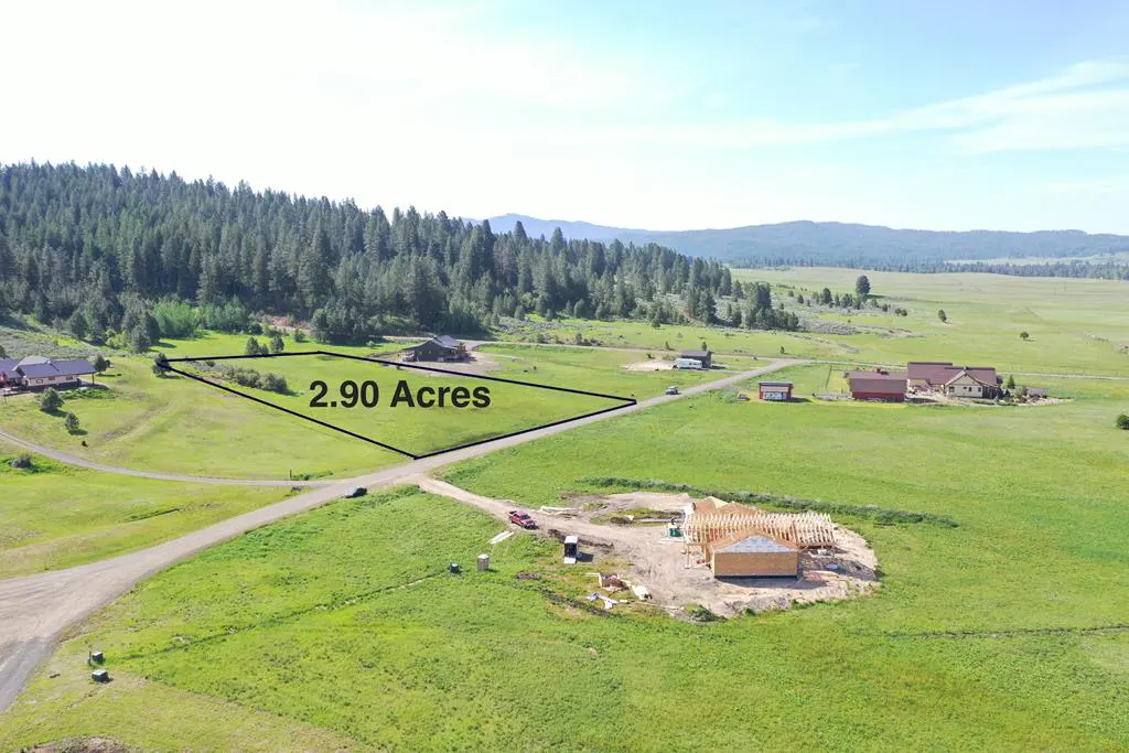 Aerial view of a 2.90 acre lot outlined in black, with a house under construction, green grass, and mountains in the background.