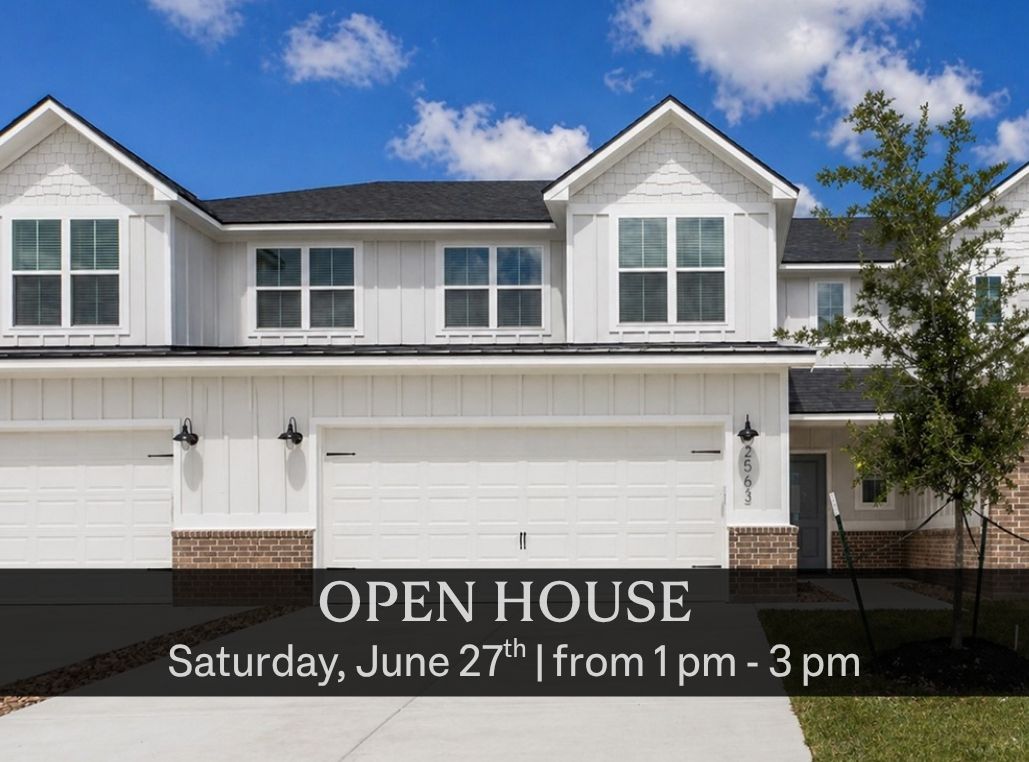 Open house for a white two-story townhouse with a garage on Saturday, June 27th, from 1 pm to 3 pm.