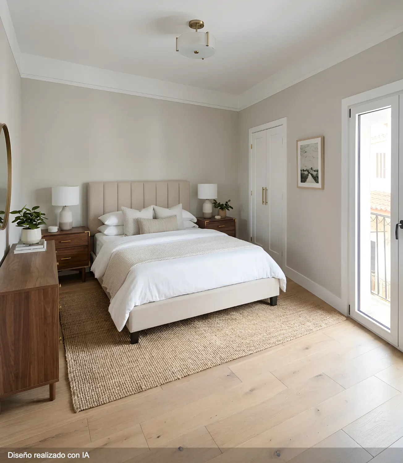 Bedroom with a beige bed, white linens, wood floors, and a jute rug. Nightstands with lamps flank the bed. French doors lead to a balcony.