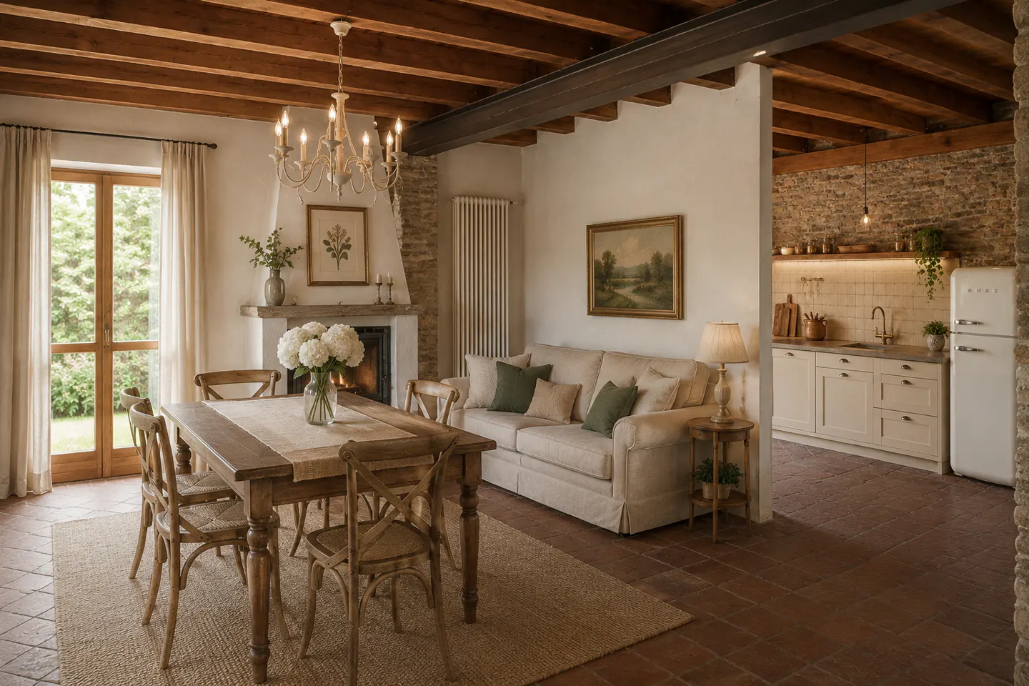 Open-concept living space with a dining table, sofa, and kitchen. Exposed wood beams and brick add rustic charm.