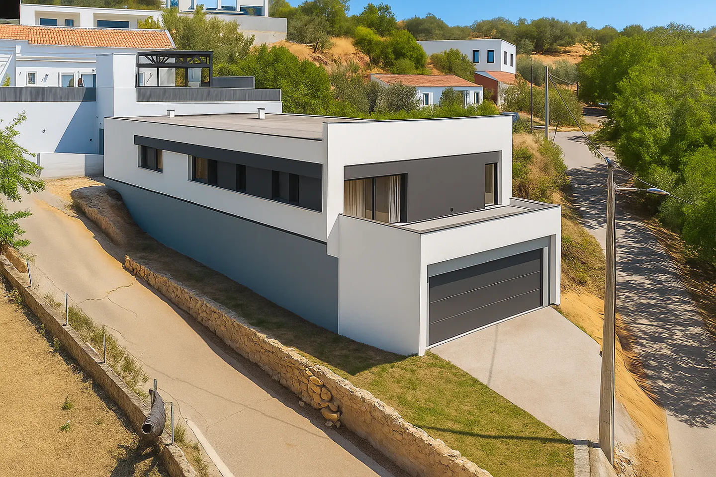 Modern two-story house with a gray garage door and white walls, nestled on a hillside with green trees and a winding road.