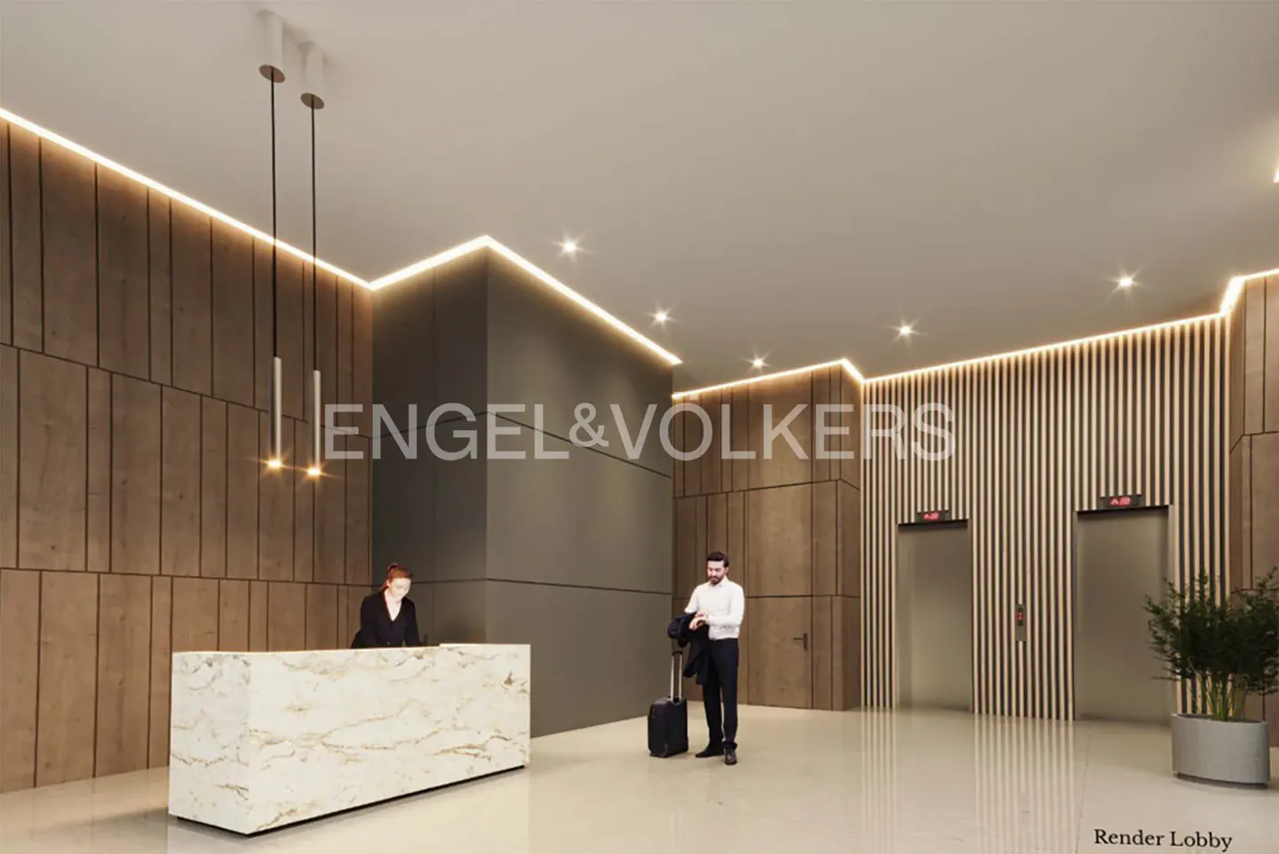 Modern lobby with a marble reception desk, wood paneled walls, and two elevators. A man with luggage stands nearby.