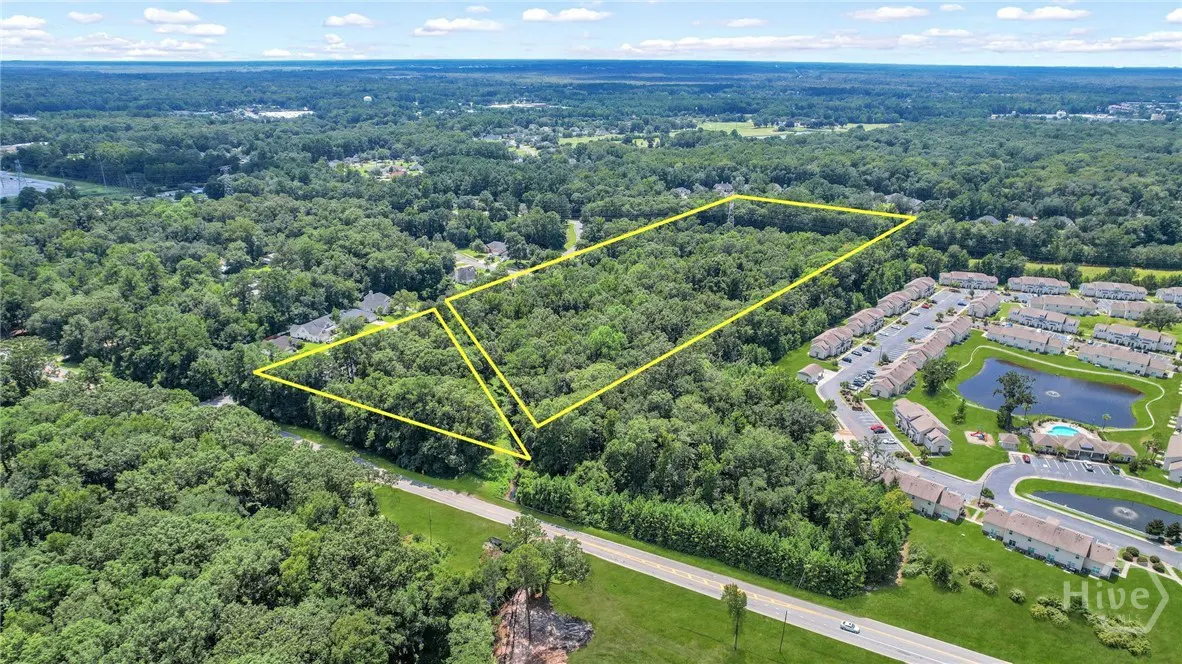 Aerial view of a wooded property outlined in yellow, adjacent to a residential area with a pond and a road.