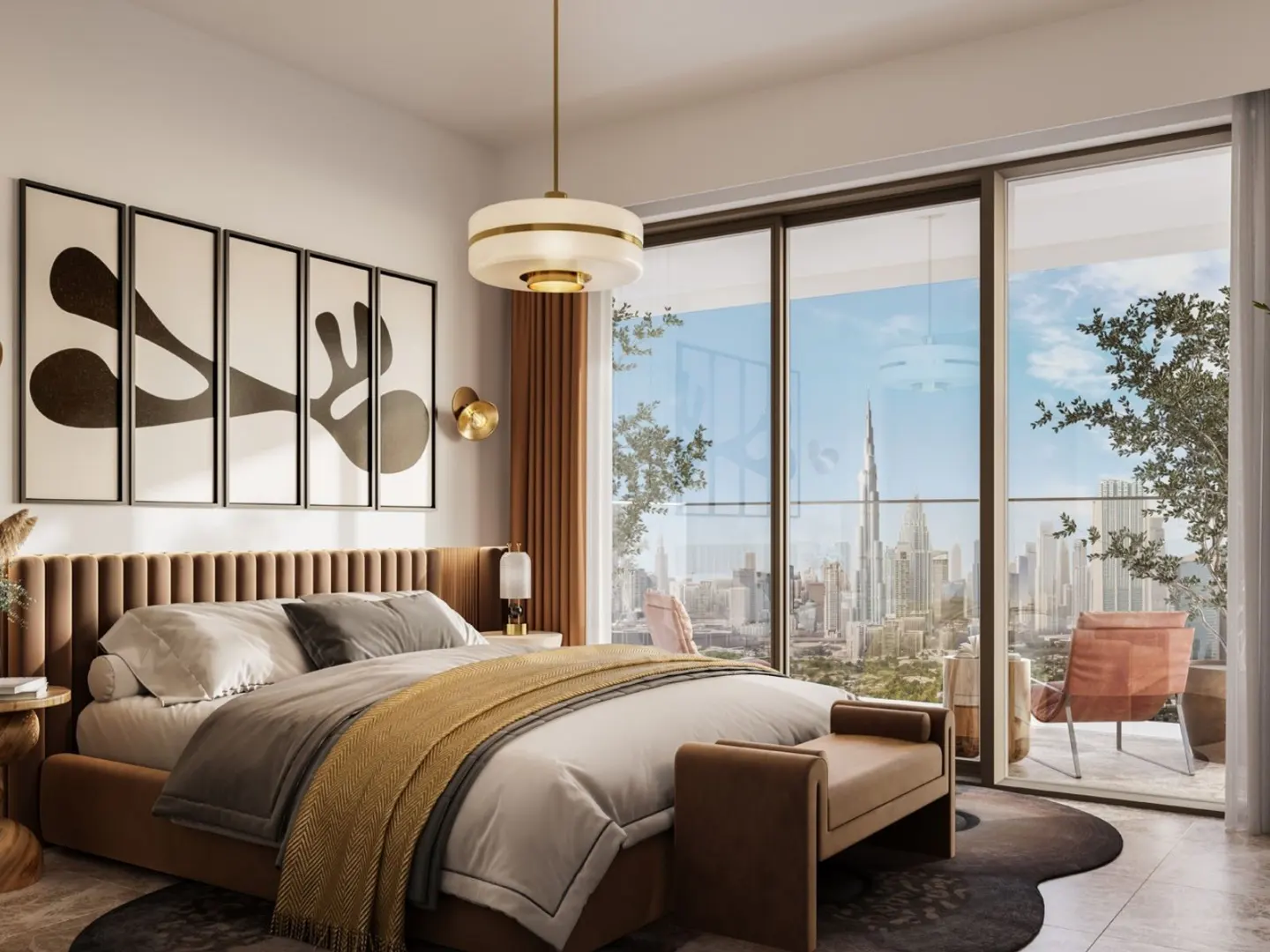 Bedroom with a brown headboard, white bedding, and a gold throw blanket. A city view is visible through the glass doors.