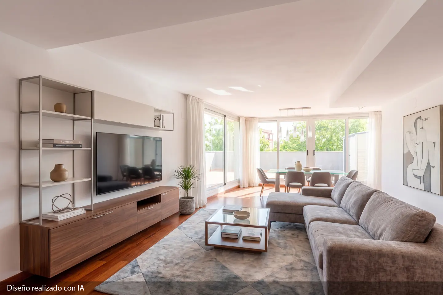 Bright living room with a gray sectional sofa, glass coffee table, and a wooden entertainment center with a large TV. Dining area visible through sliding glass doors.