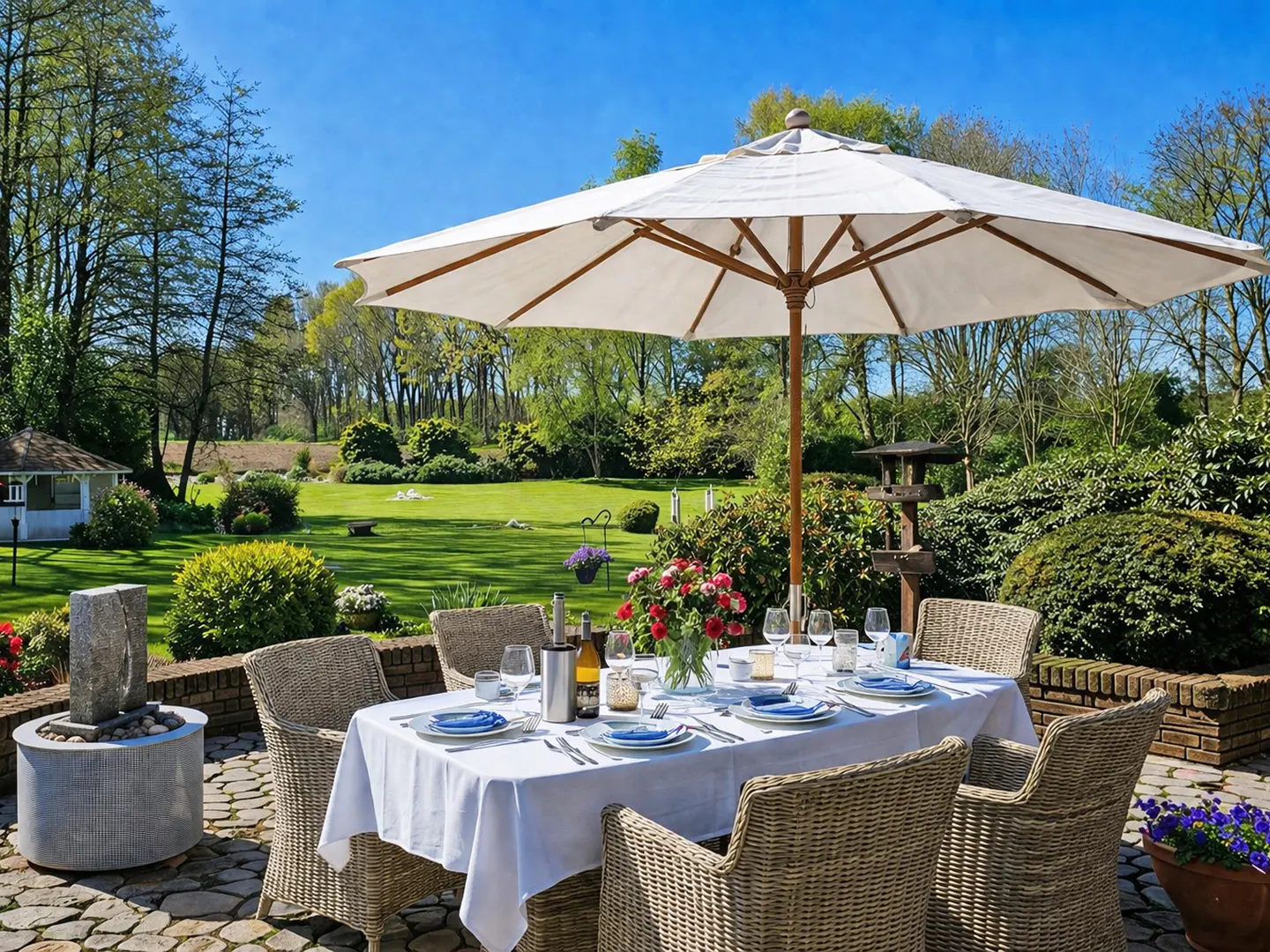 Outdoor dining area with a white tablecloth, wicker chairs, and a large white umbrella. Green lawn and trees in the background.