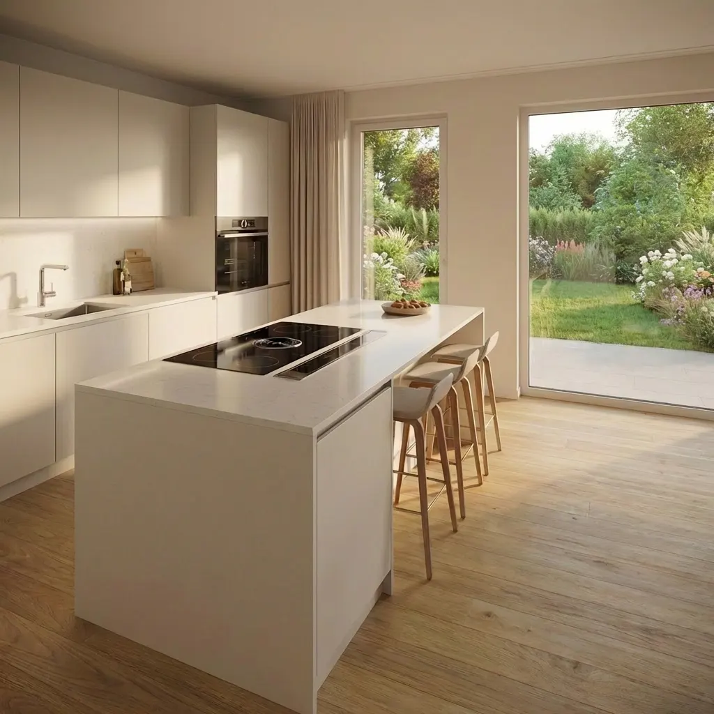 Bright, modern kitchen with white cabinets, island with cooktop, and wooden stools. Large windows overlook a lush green garden.