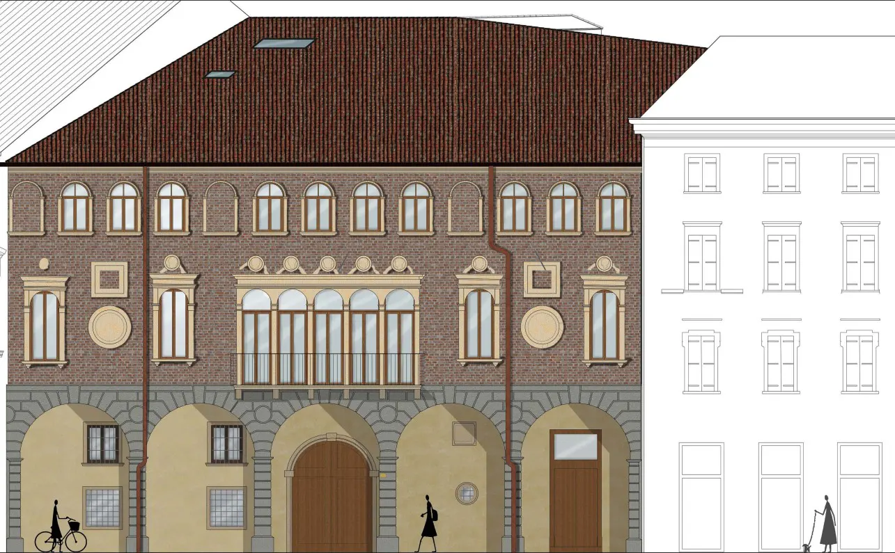 Illustration of a three-story brick building with arched windows and a red tile roof. People walk and bike in front of the building.