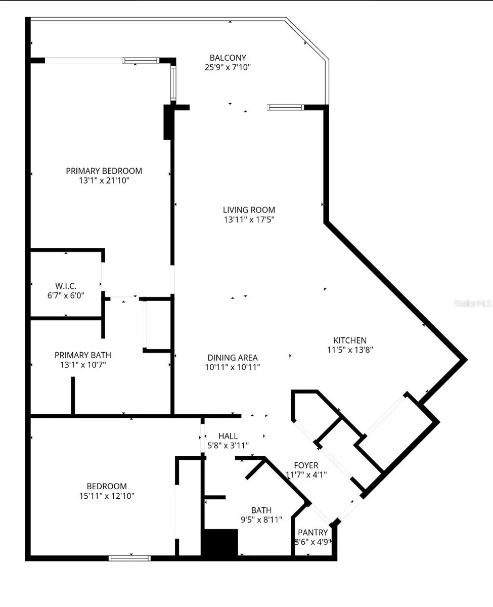 Black and white floor plan of a two-bedroom apartment with dimensions labeled for each room.