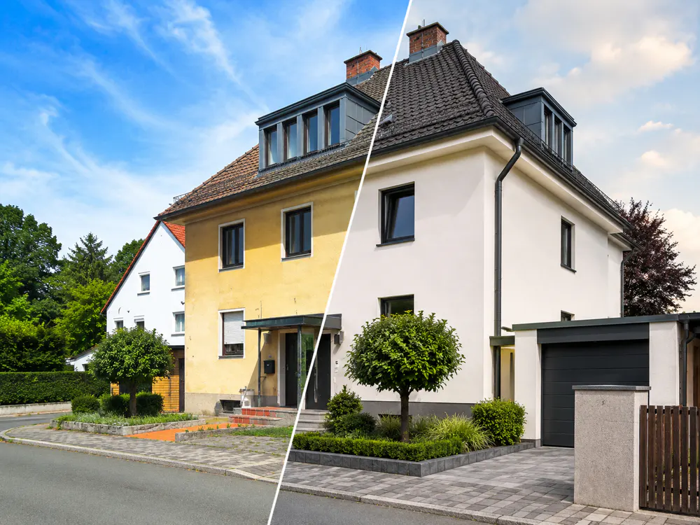 Before and after image of a two-story house. The left side is yellow and the right side is white.