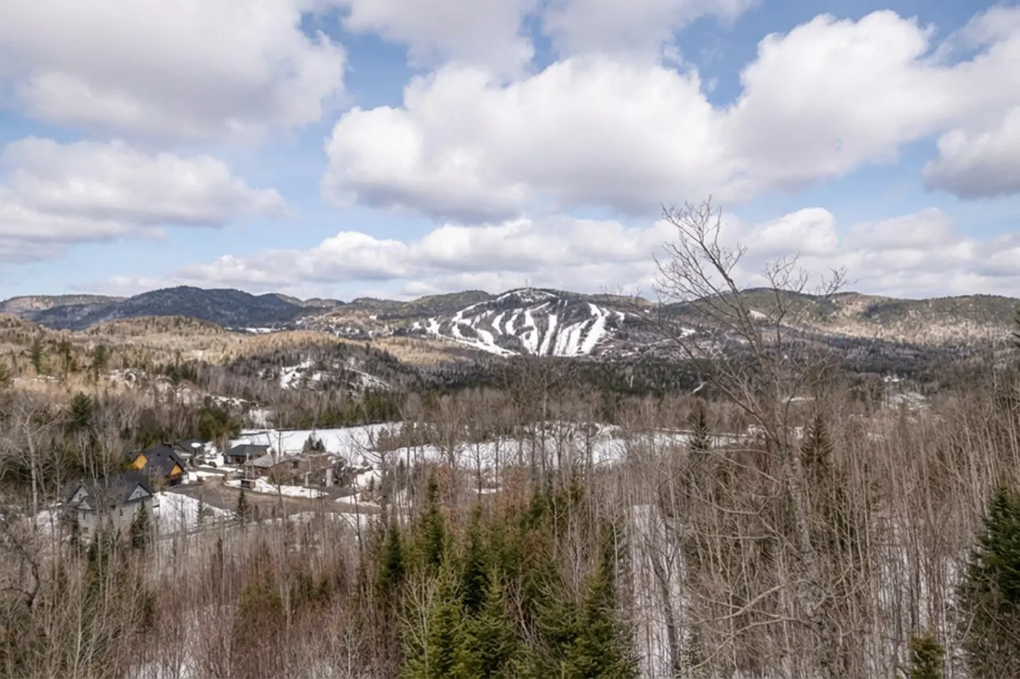 Scenic view of a ski mountain with snow-covered slopes, surrounded by trees and a few houses under a cloudy sky.