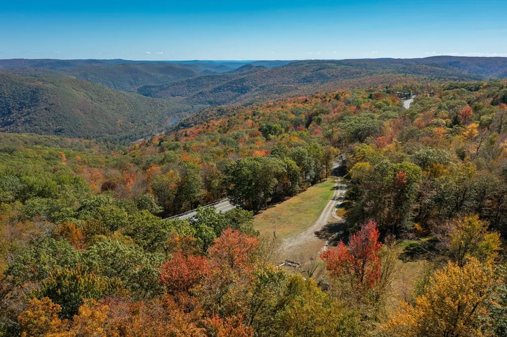 Aerial view of a winding road through a forest in autumn, with hills and a blue sky in the background.