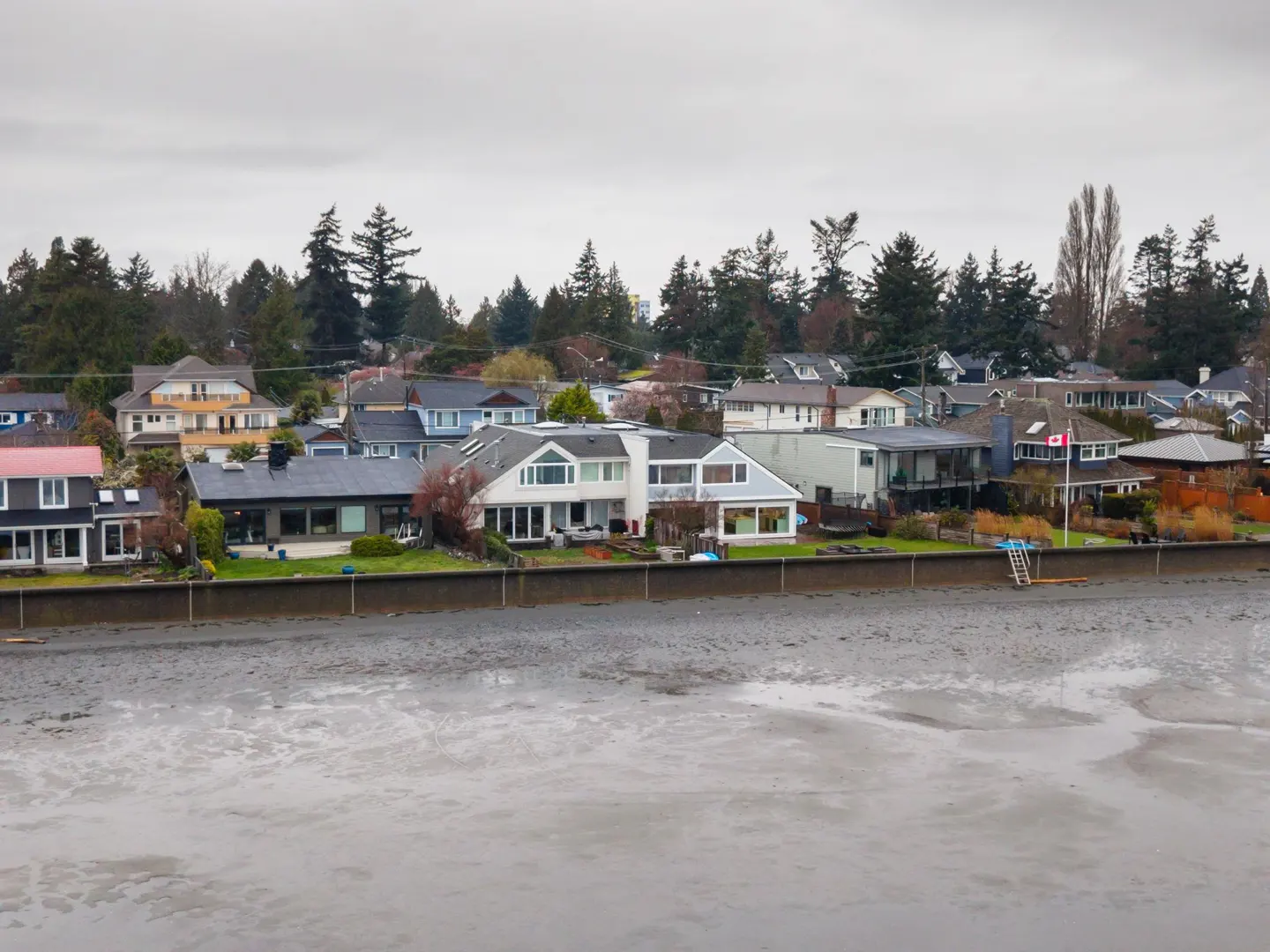 Waterfront homes line a muddy beach under a cloudy sky. Trees are visible behind the houses.