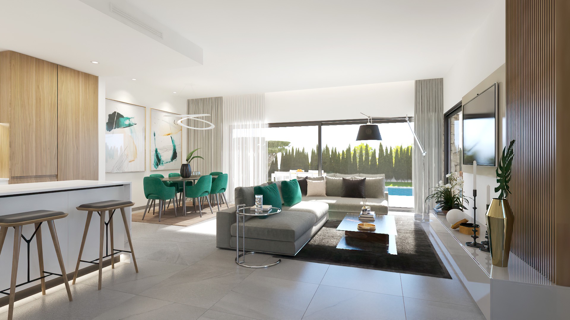 Bright, open-concept living space with a gray sectional sofa, green dining chairs, and a view of the pool.