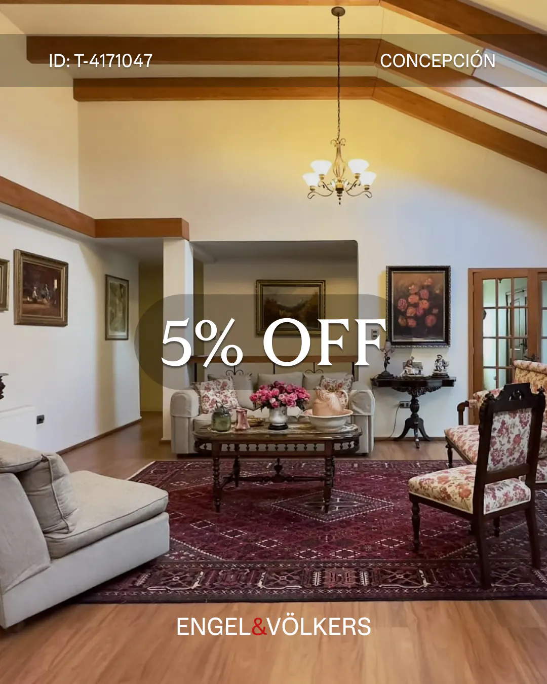 A living room with a beige sofa, a red rug, and a wooden table with flowers. The room has wooden beams and a chandelier. "5% OFF" is superimposed on the image.