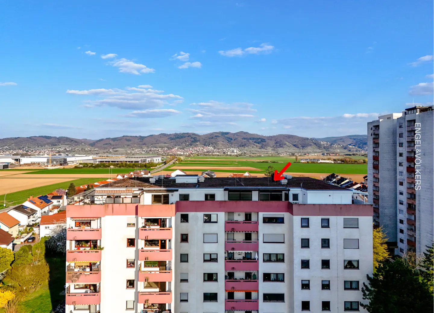 View of a white apartment building with pink balconies, against a backdrop of green fields and blue sky. An arrow points to a tree on the roof.