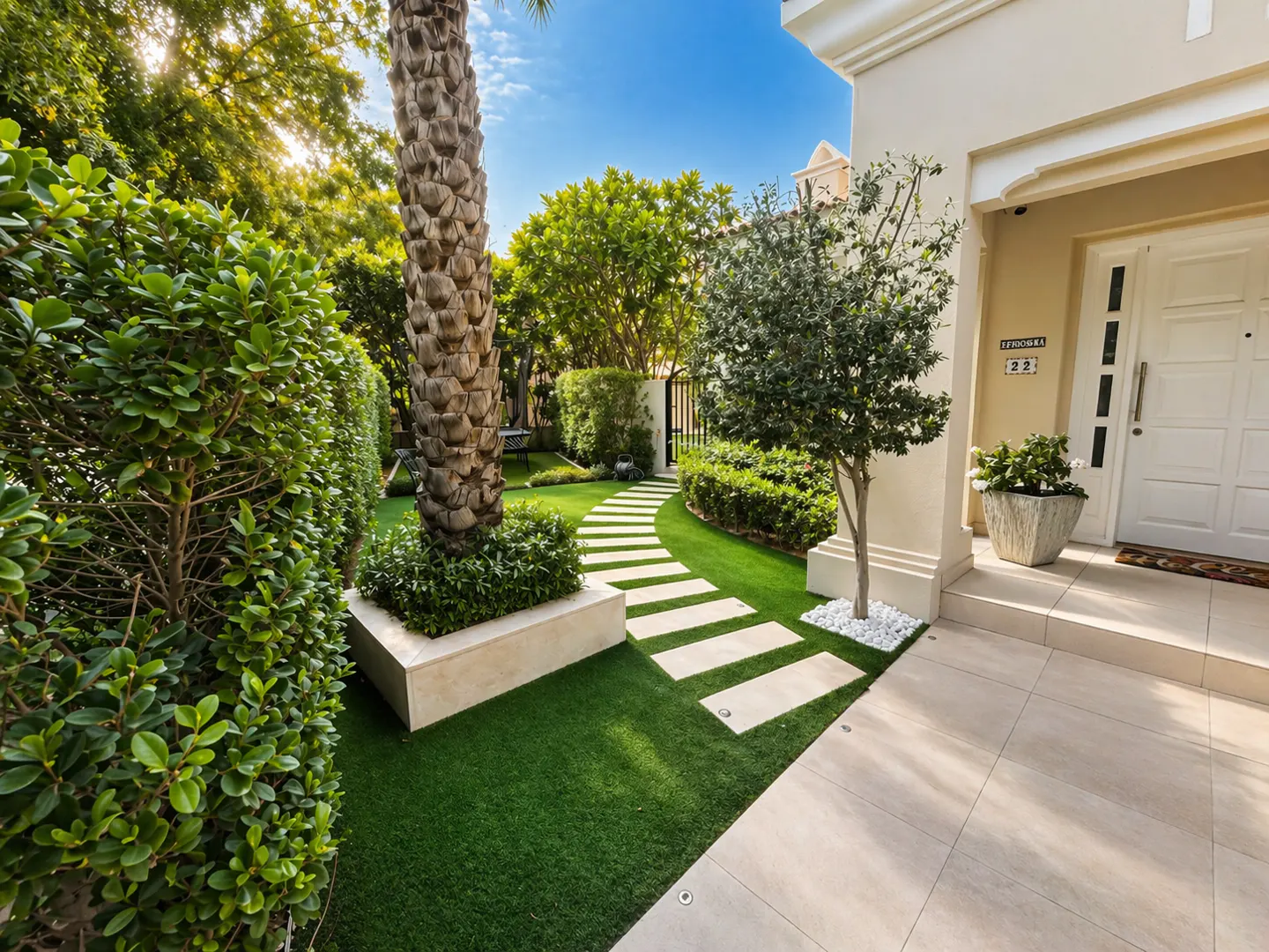 Landscaped front yard with a stone path leading to a beige house with a white door, green grass, and trees under a blue sky.