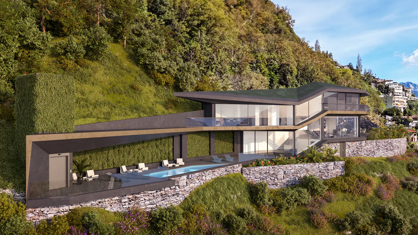 Modern house on a green hillside with a pool. The house has large windows and a flat roof. The pool is surrounded by lounge chairs.