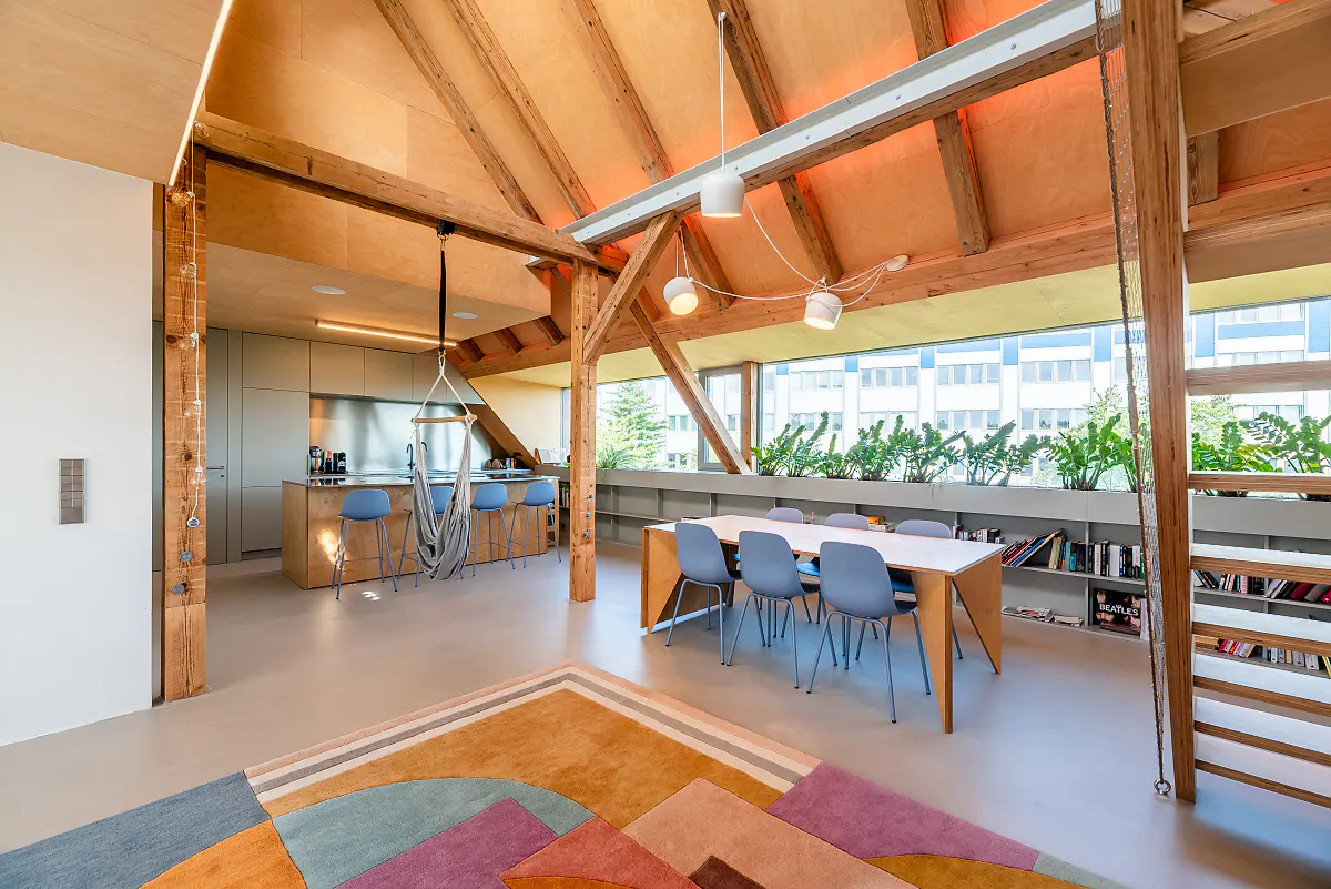 Open-concept loft with exposed wood beams, a kitchen, dining table, hammock chair, and colorful geometric rug.