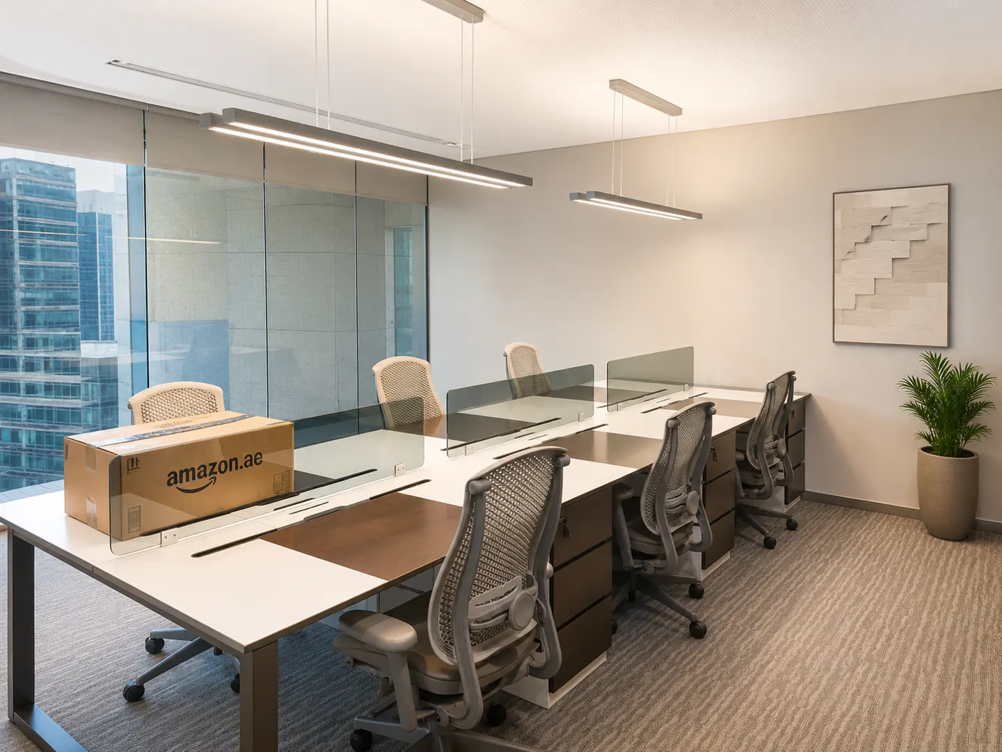 Modern office with white desks, ergonomic chairs, glass partitions, an Amazon package, and a potted plant by the window.