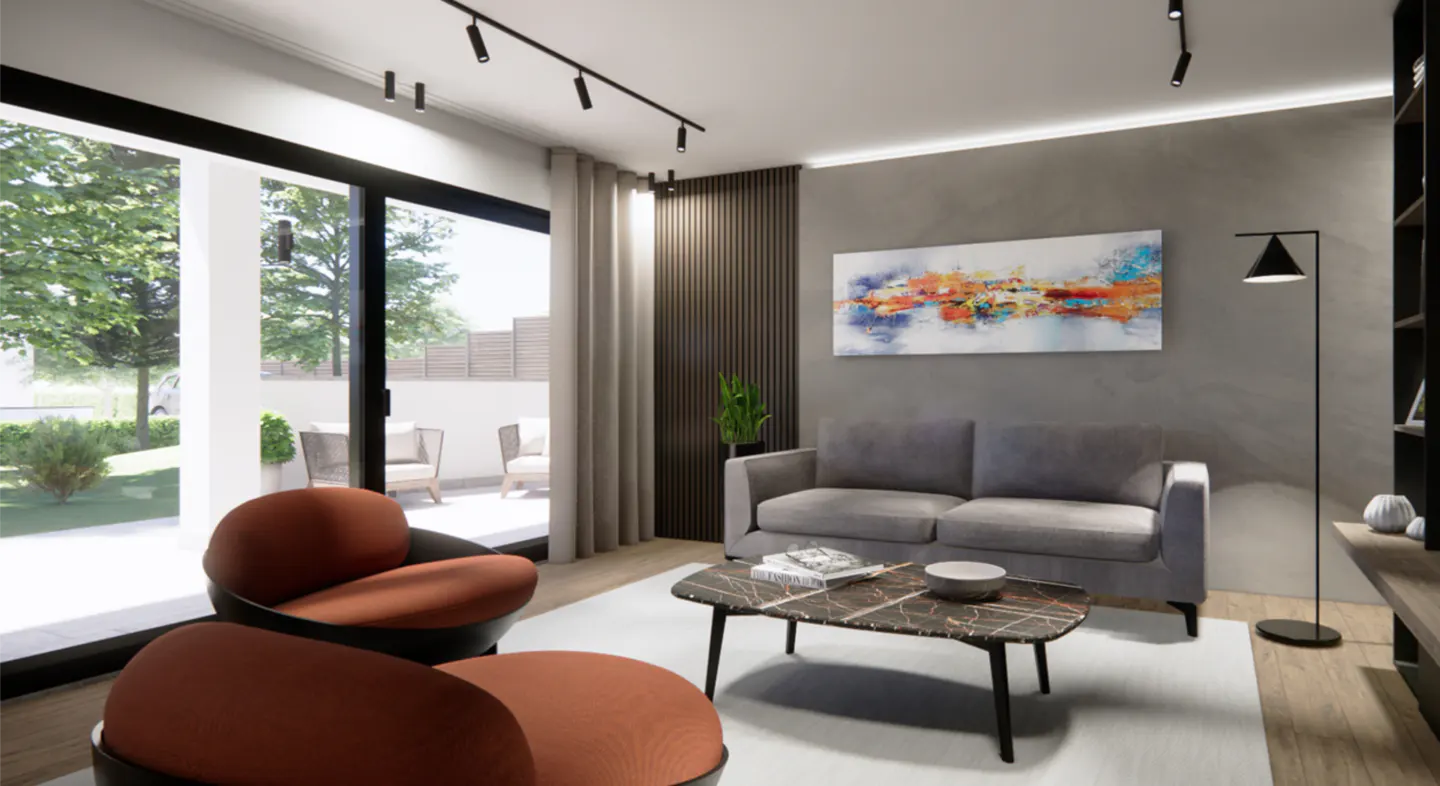 Modern living room with grey sofa, two orange chairs, marble coffee table, abstract art, and sliding doors to a patio.