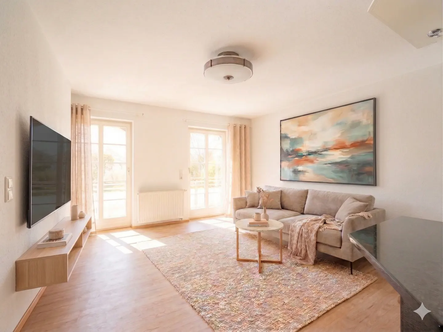 Bright living room with beige sofa, round table, and colorful rug. Large abstract painting hangs above the sofa. TV on wall with floating shelf.