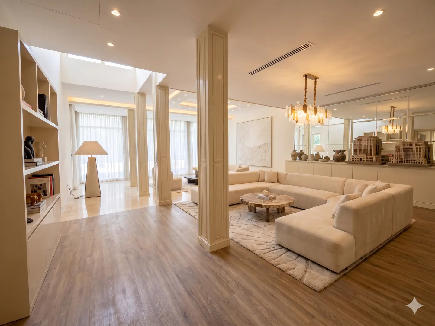 Spacious, modern living room with a large cream sectional, wooden coffee table, and elegant chandelier on wood flooring.