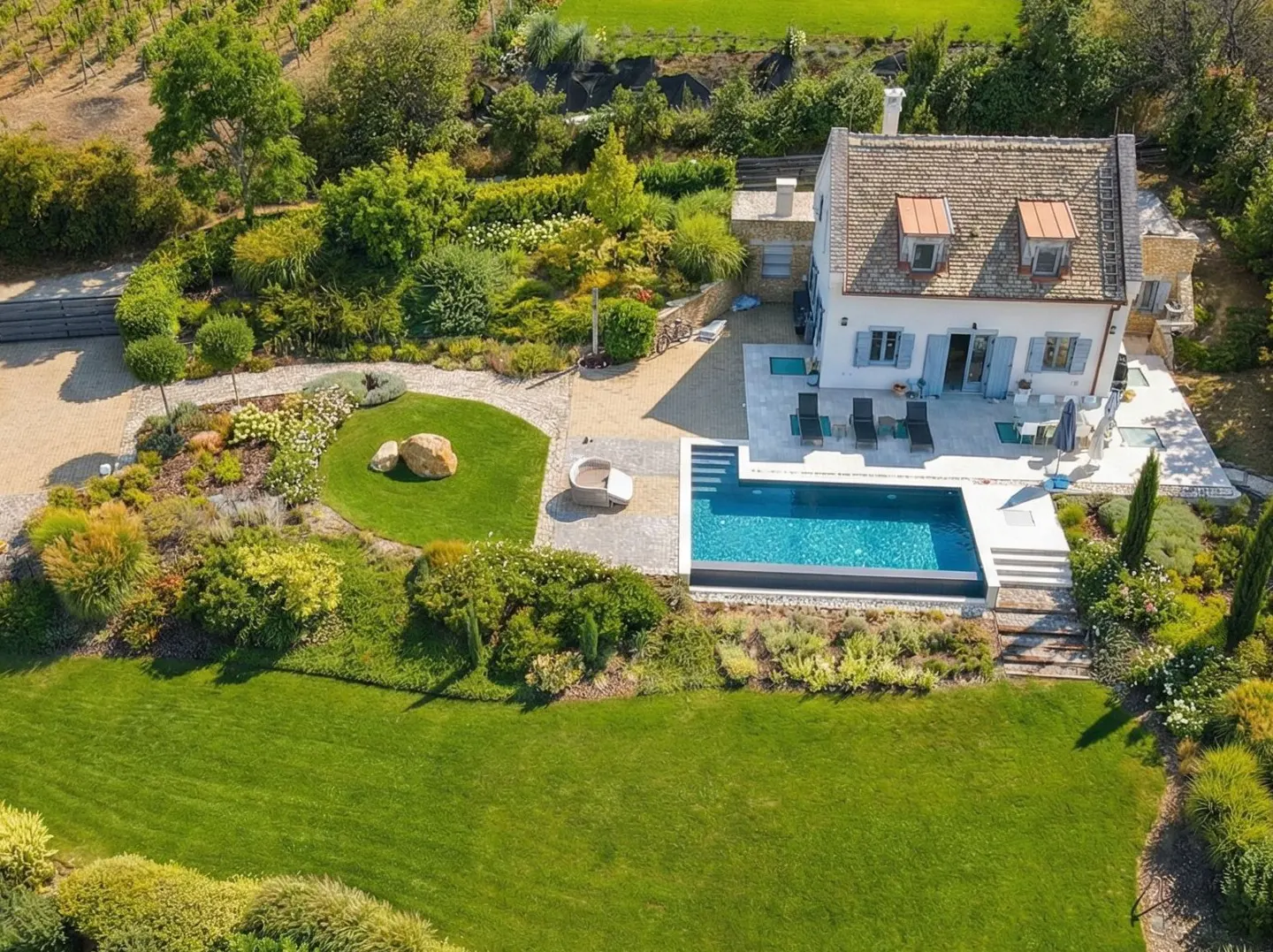 Aerial view of a white house with a pool, surrounded by green lawns, trees, and a vineyard in the background.