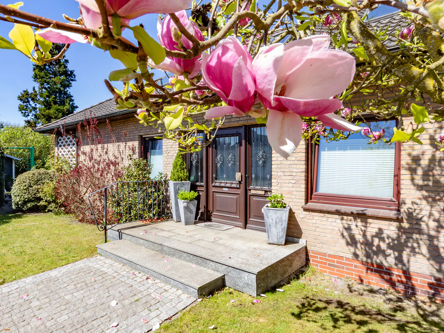 Brick house with brown door and pink magnolia blossoms. Steps lead to the entrance, with potted plants on either side.
