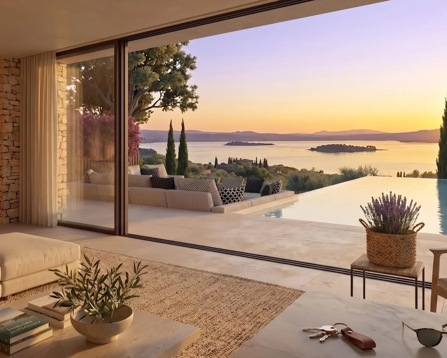 Open-concept living room with a view of a lake at sunset. Sliding glass doors lead to a patio with a pool and outdoor seating.