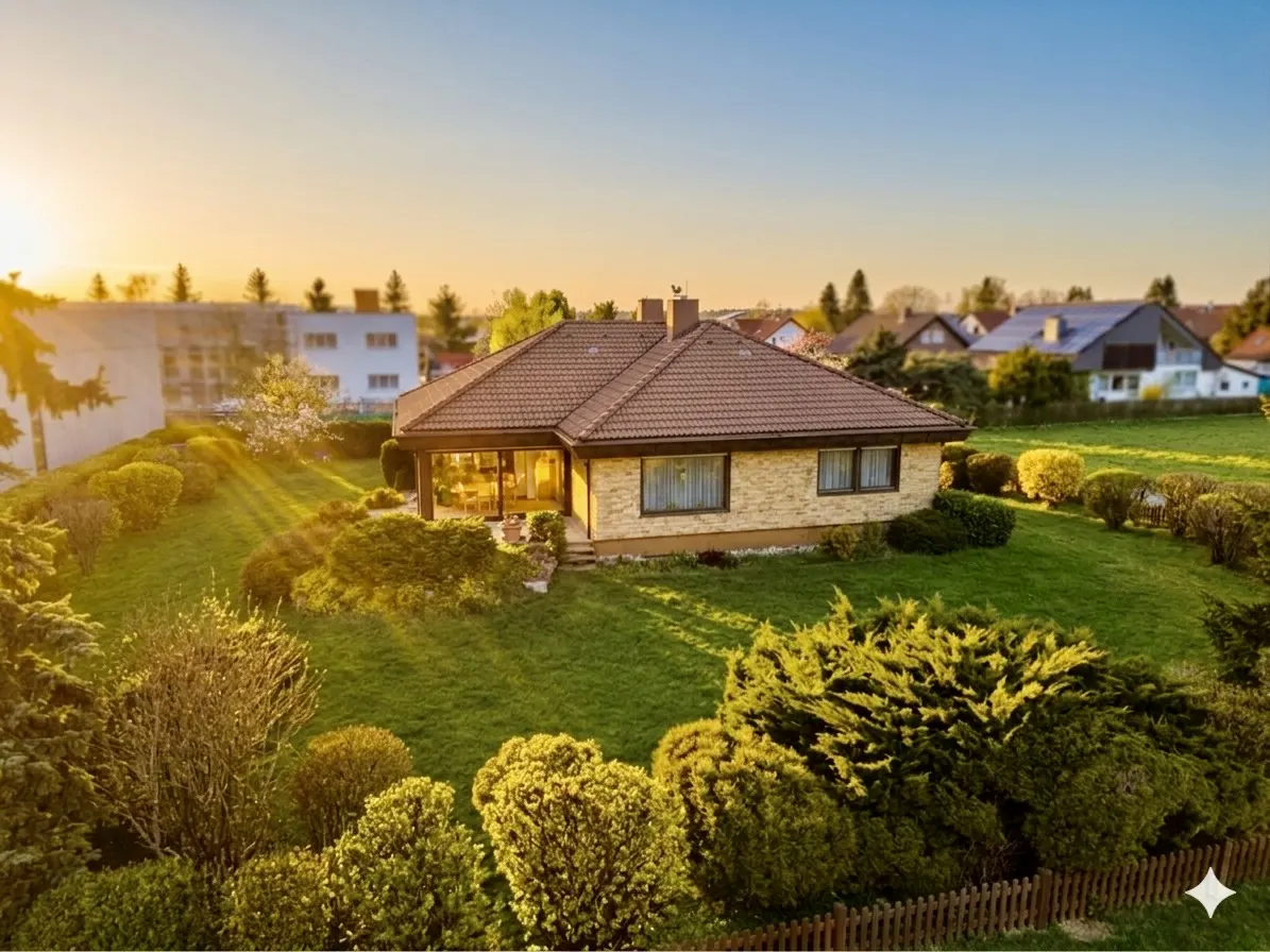 Aerial view of a tan brick house with a brown roof, surrounded by green lawn and bushes, under a sunny sky.