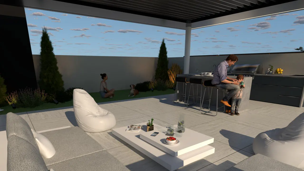 Outdoor patio with a man and child at a bar, a woman and dog in the yard, and white furniture.