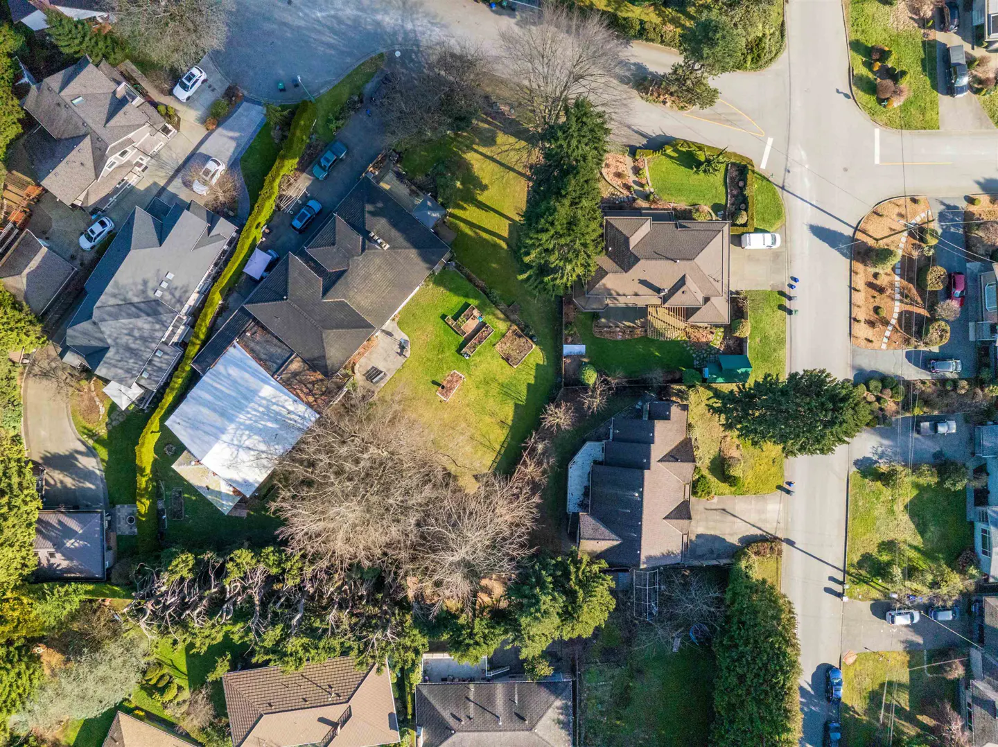 Aerial view of a residential neighborhood with houses, green lawns, trees, and streets.