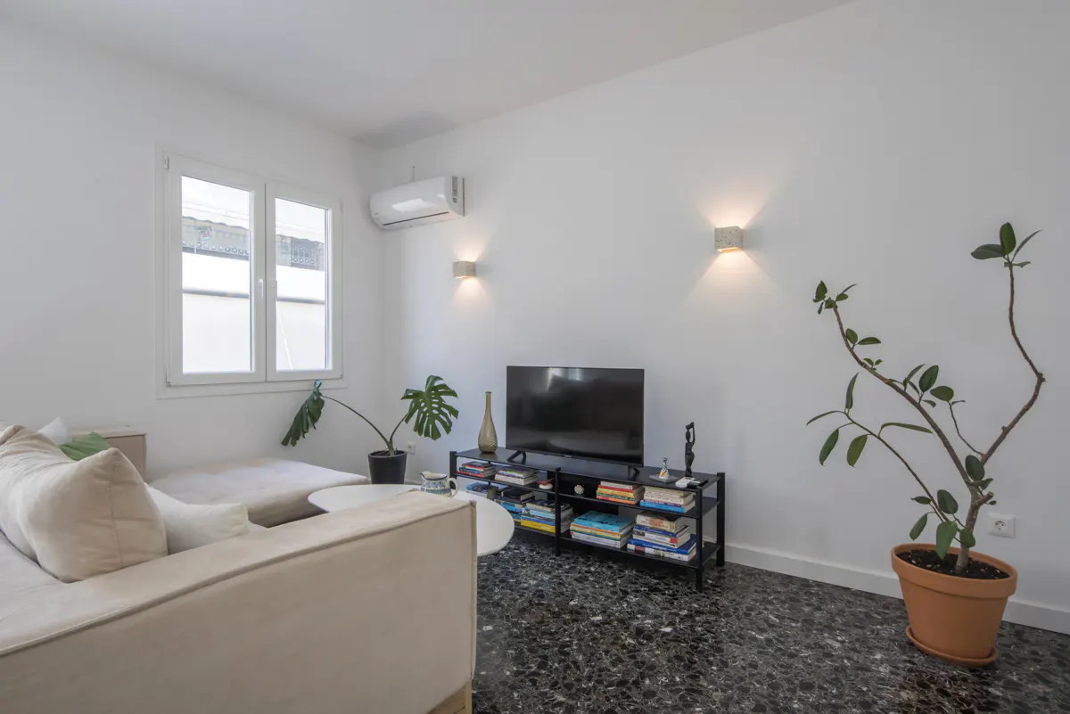 Bright living room with a beige sofa, black TV stand with books, and potted plants against white walls.